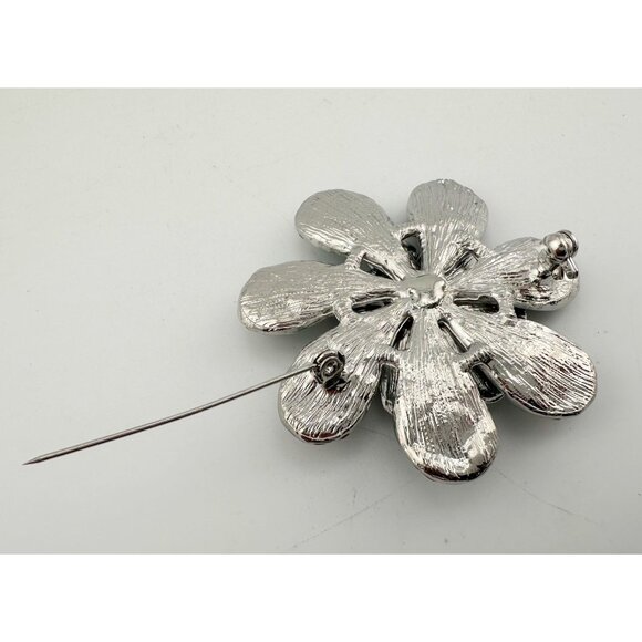 Shimmering Blue Green Peacock Crystal Flower Brooch - Picture 6 of 7